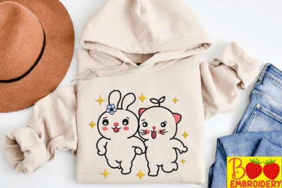Cat and Rabbit Holding Hands Embroidery